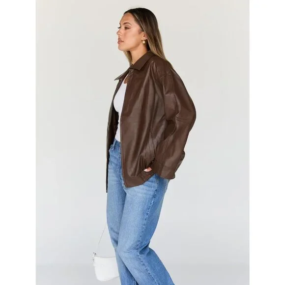 Women's Leather Bomber Moto Coat Jacket Brown Trendy Queen Statement Piece